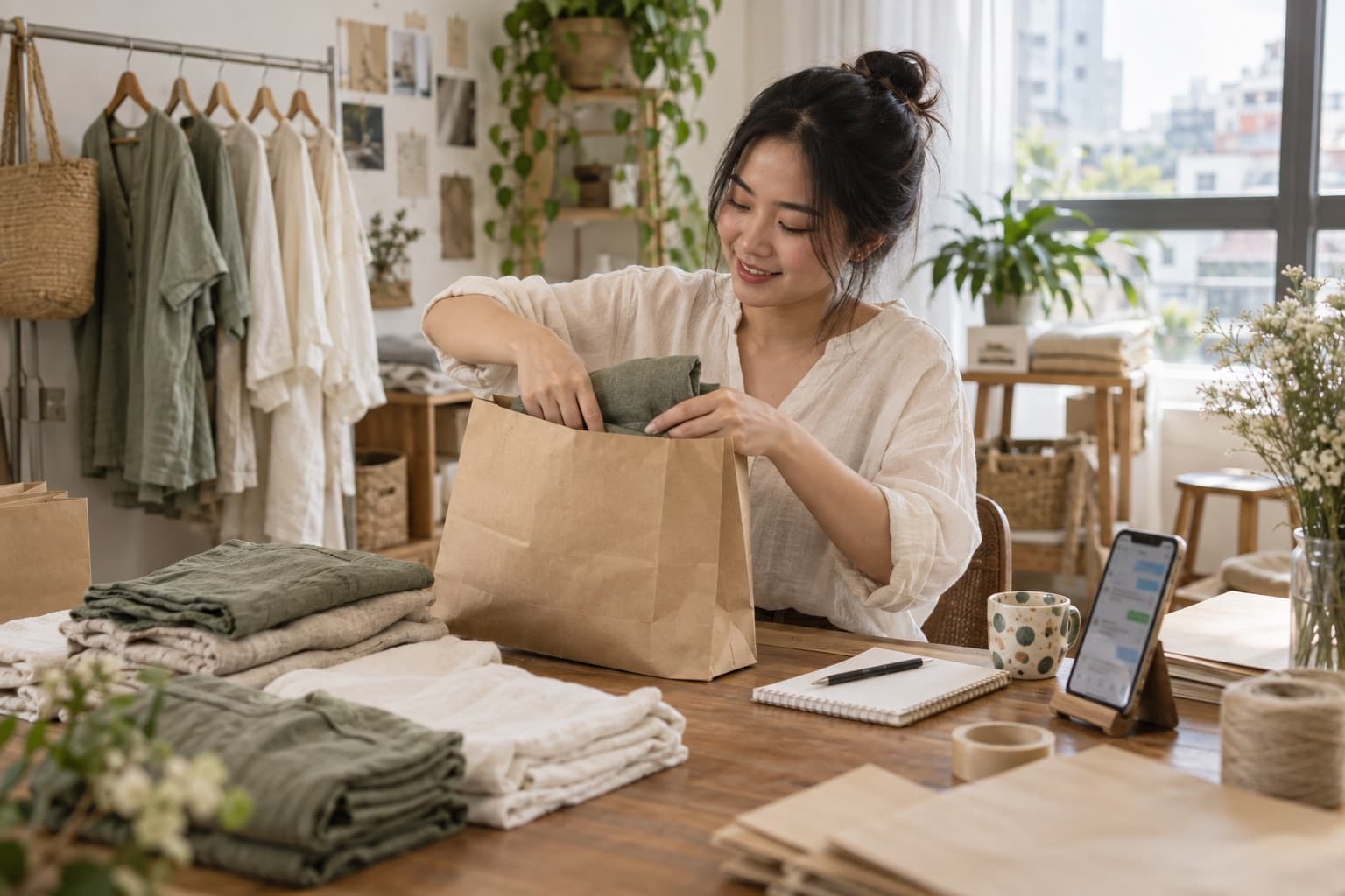 Chủ shop đóng gói đơn hàng tại nhà, điện thoại đặt trên bàn